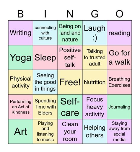 mental health bingo card