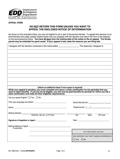 Ca Edd De 1000aa 2000 Fill And Sign Printable Template Online Us