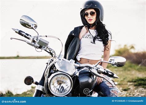 Beautiful Brunette Woman With A Classic Motorcycle C Stock Image Image Of Adventure Girl