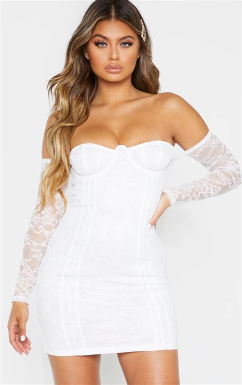 White Lace Cup Detail Bodycon Dress Dresses Prettylittlething