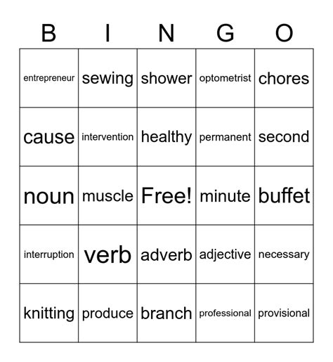 ESL 2 3 Vocabulary Bingo Card