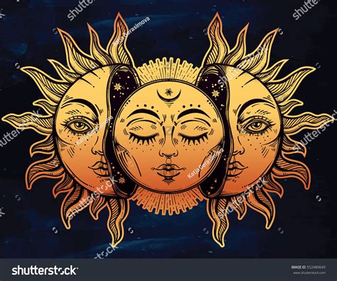 Beautiful Moon And Sun With Faces The Sun Is Broken In Half The Moon