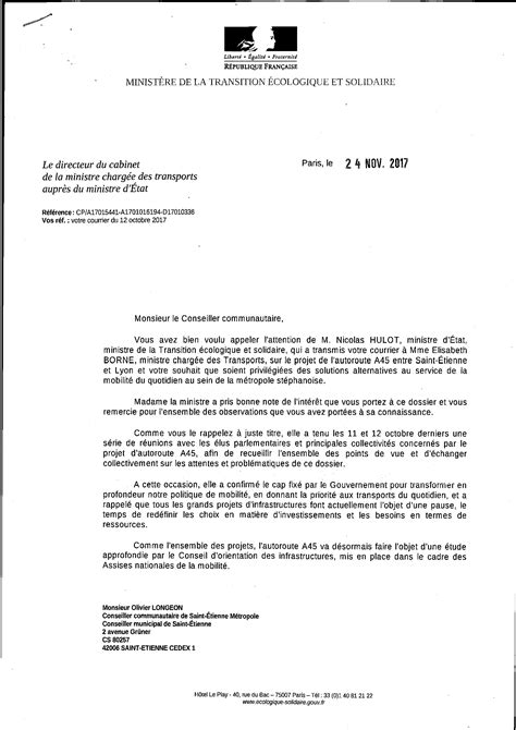 A45 La Réponse Du Ministère Au Courrier Dolivier Longeon EÉlv Loire