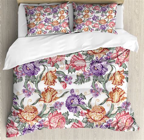 Floral Duvet Cover Set Vintage Colorful Flowers And Curls On White