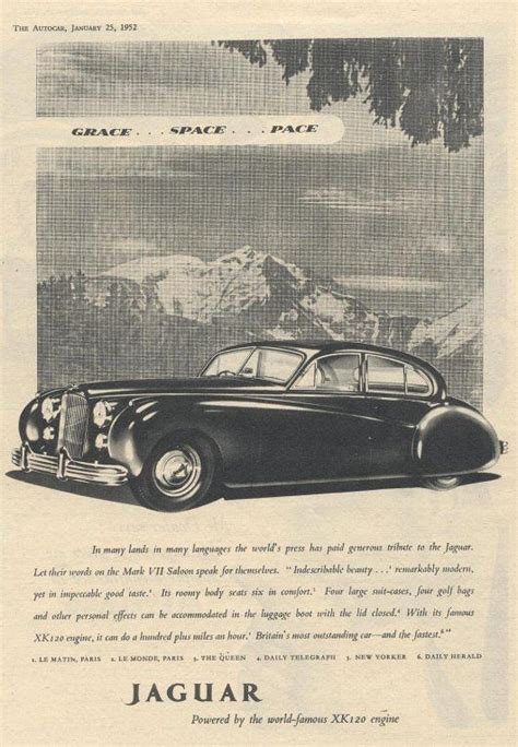 An Advertisement For Jaguar Cars In The 1950s With Mountains In The