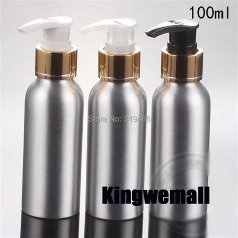 300pcs lot cosmetic packaging 100ml aluminum lotion bottle metal container with gold press pump