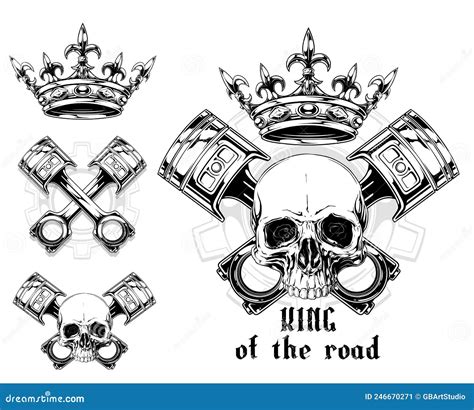 Graphic Human Skull With Crossed Piston And Crown Stock Vector