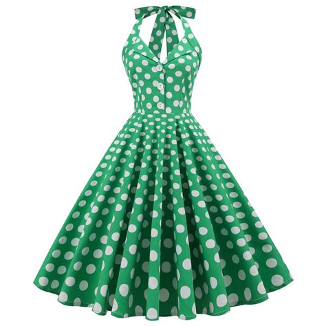 Sexy Retro Green Polka Dot Halter Dress Backless Party 50s 60s Vintage