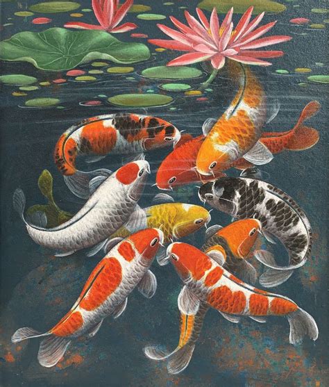 Koi Fish Art Fengshui Art Hand Painted Koi And Lotus Pond Original