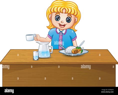 cute blonde haired girl eating on dining table stock vector image and art alamy