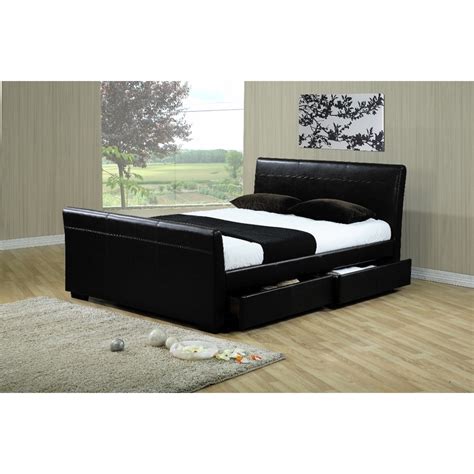 Four Drawer Sleigh Style Black Faux Leather Bed Frame Double 4ft 6