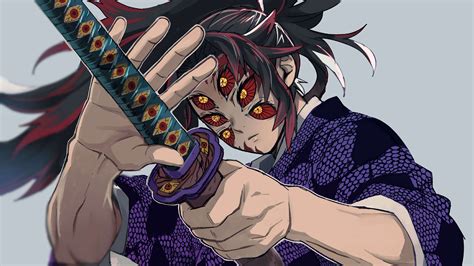 Demon Slayer Kokushibou Wearing Black And Purple Dress With Sword With