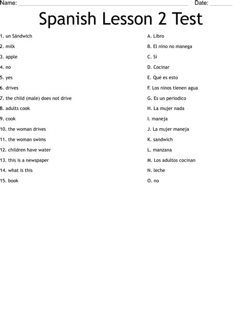 Spanish Lesson 2 Test Worksheet Wordmint