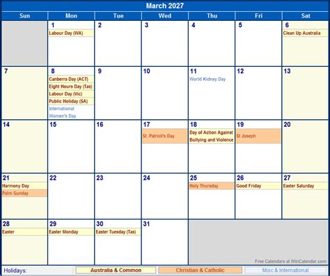 March 2027 Australia Calendar With Holidays For Printing Image Format