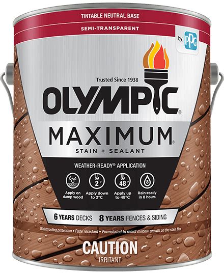 It provides enhanced waterproofing and sunblock uv defense to strengthen, protect, and condition wood fibers, ensuring the wood's natural beauty lasts. Olympic® MAXIMUM® Stain + Sealant In One Semi-Transparent