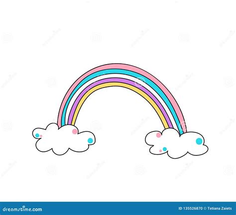 Cute Color Rainbow With Clouds Vector Illustration Isolated On White