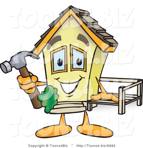 Vector Illustration Of A Happy Cartoon Home Mascot Holding Hammer While