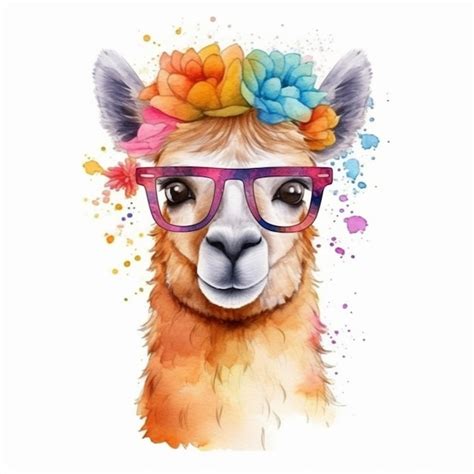 Premium Photo A Watercolor Painting Of A Llama With Glasses And Flowers