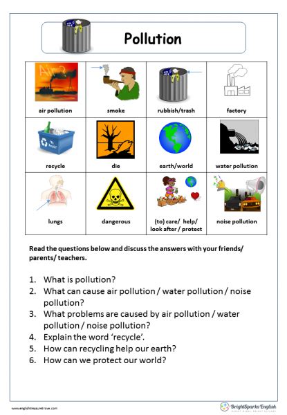 Each math worksheet has an answer sheet attached on the second page, making easy for teachers and parents to use. Pollution English Worksheet - English Treasure Trove