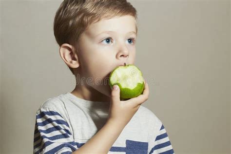 Funny Child Eating Apple Little Boy Health Food Fruits Vitamin C Stock