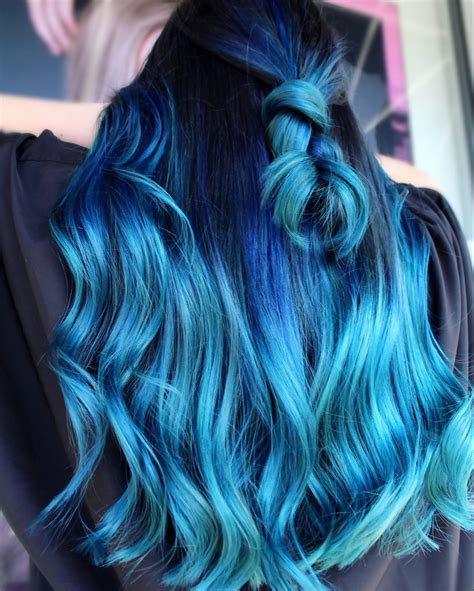 Dark Blue Into Light Blue Teal Balayage Ombre Faded Hair Dark Blue