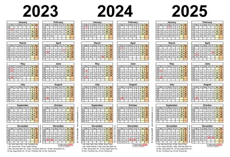 Three Year Calendars For 2023 2024 And 2025 Uk For Pdf