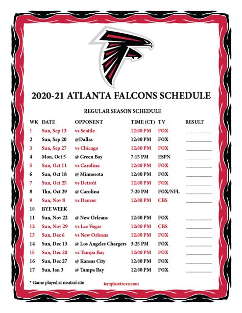 Click to show atlanta falcons schedule | 2021 regular season how many primetime games do the falcons play in 2021? Printable 2020-2021 Atlanta Falcons Schedule