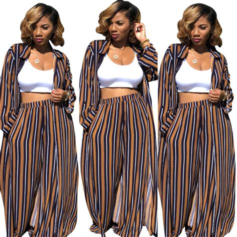 Striped Long Sleeve 2 Piece Set Women Pant And Top Turn Down Collarwide