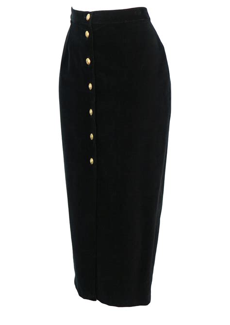 Black Velvet Midi Pencil Skirt With Decorative Gold Buttons New S