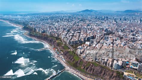 Panoramic Aerial View Of Miraflores District Coastline In Lima Peru