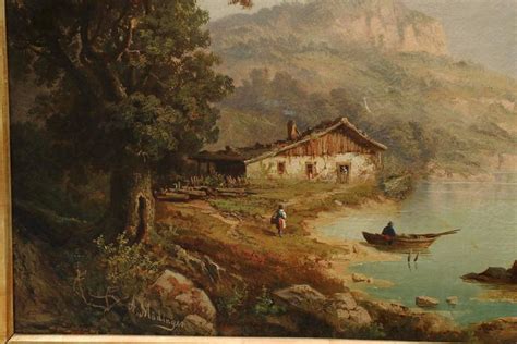 Large Antique Landscape Painting Of Mountains Over Cabin