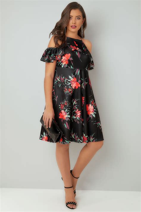 Limited Collection Black Floral Print Cold Shoulder Dress With High Neck Frill Plus Size 16 To 32