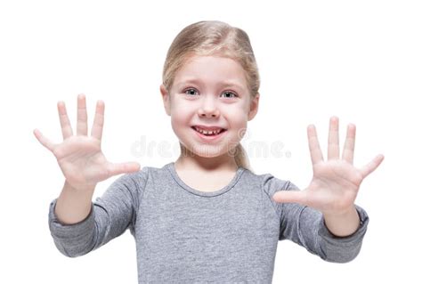 Happy Beautiful Little Girl Showing Her Hands Isolated Stock Photo