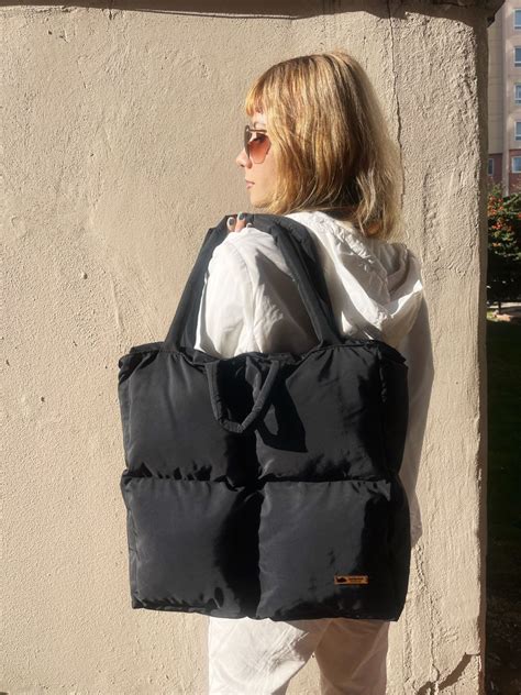 Black Puffer Bag Puffy Laptop Bag Pillow Work Bag Quilted Etsy Bags