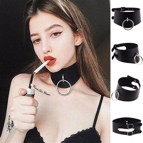 punk goth leather bondage collar o round choker necklace bdsm slave collar in torques from