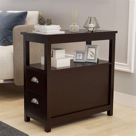 End Table With 2 Drawer And Open Shelf Narrow Nightstand For Living