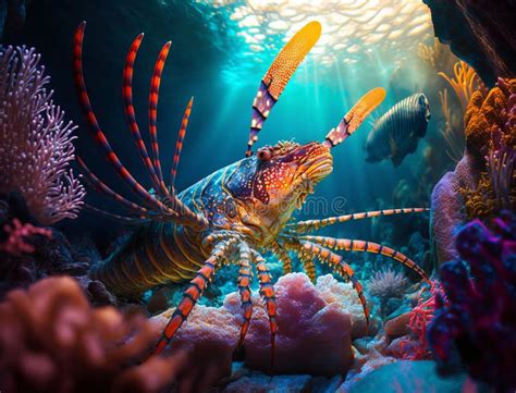 Spiny Lobster In Vibrant Coral Reef Stock Illustration Illustration