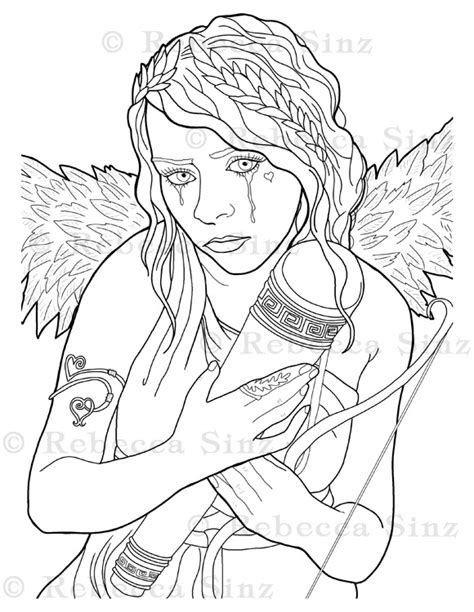 Gothic Cupid Angel Girl Coloring Book Page Elvenstarart