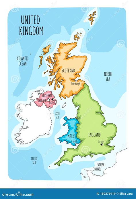 联合王国的手绘地图，包括英格兰、威尔士、苏格兰和北爱尔兰及其首都 向量例证 插画 包括有 加的夫 五颜六色 180276919