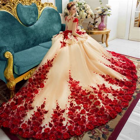 Elegant 3d Flowers Beaded Wedding Gown With Long Court Train Red Ball