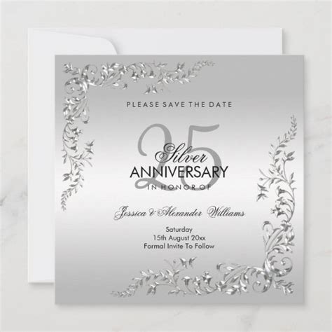 Stylish Silver Decoration 25th Wedding Anniversary Save The Date