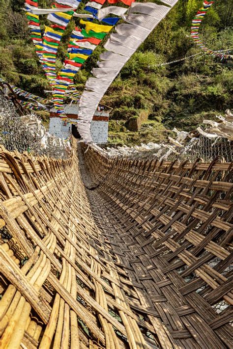 Ancient Holy Bamboo Bridge With Many Buddhist Holy Flags From Unique