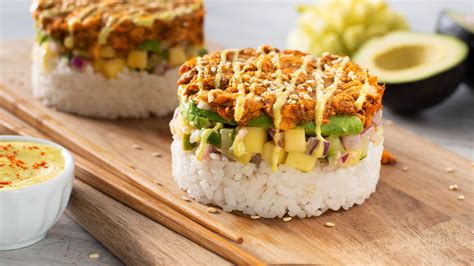 Sushi Stacks With Curried Salmon Mango And Avocado Mahatma® Rice Recipe In 2021 Sushi