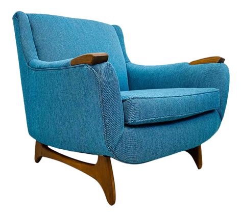 Mid Century Modern Restored 1950s Blue Tweed Lounge Chair With Walnut