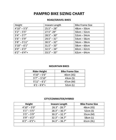 Bike Sizing Pampro Bikes