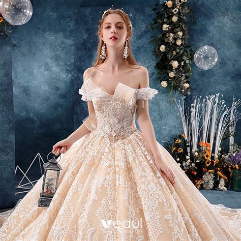 Chic Beautiful Champagne Wedding Dresses 2019 Ball Gown Off The