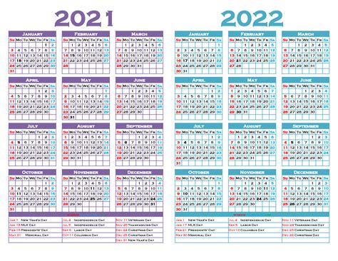 2021 And 2022 Printable Calendar With Holidays 12 Templates