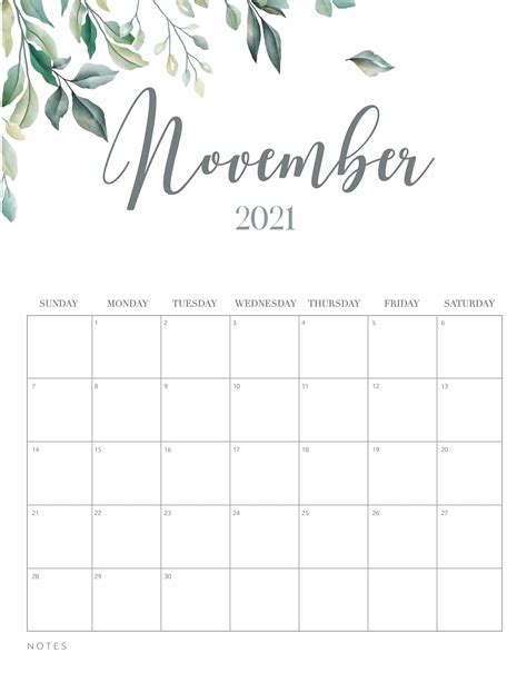 2021 Novermeber Girly Calendar Month Calendar Printable