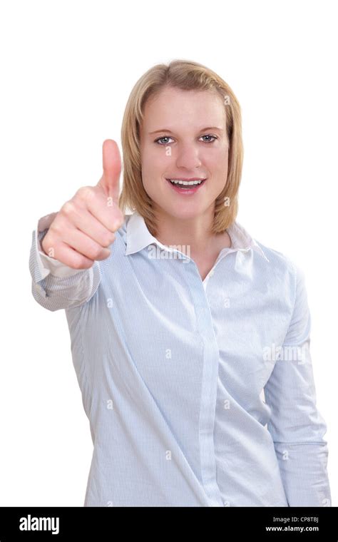 Smiling Businesswoman With Thumbs Up Gesture Isolated On White