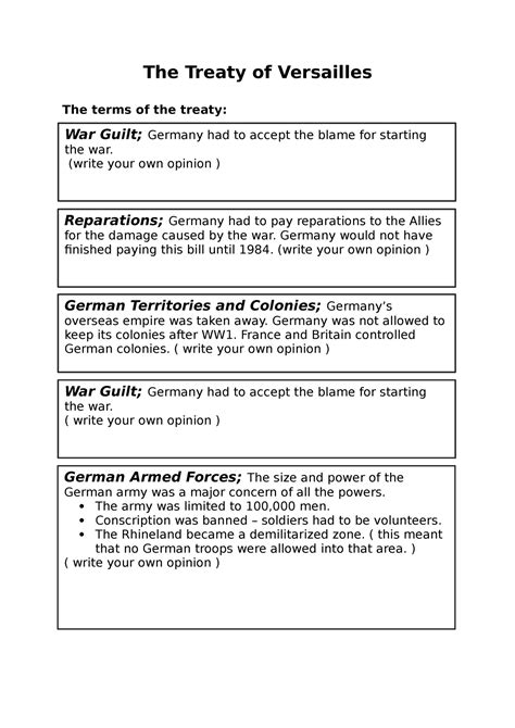 The Treaty Of Versailles Revision Sheet The Treaty Of Versailles The